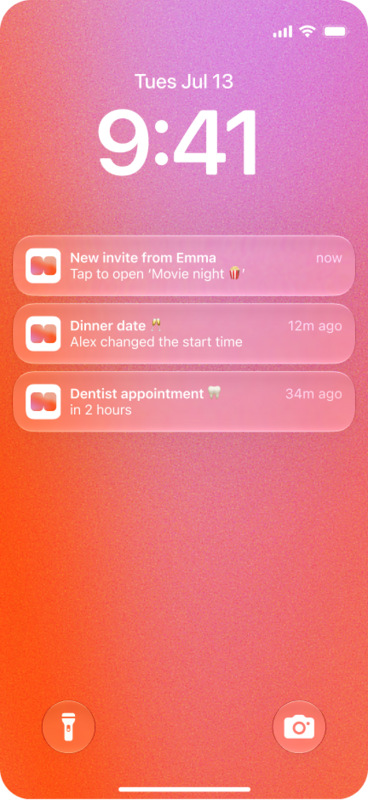 Howbout notifications on an iPhone lock screen. Real-time alerts for new invites, changed times, new locations and reminders from your shared calendar.